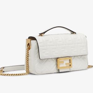 Fendi Baguette Chain Midi Bag In FF Motif Nappa Leather White