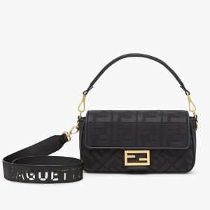 Fendi Medium Baguette Bag with Laser Cut Strap In FF Motif Canvas Black