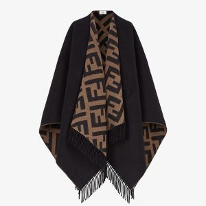 Fendi Reversible Poncho In FF Motif Wool and Cashmere Black