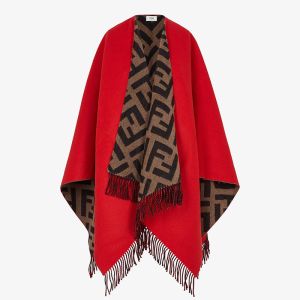 Fendi Reversible Poncho In FF Motif Wool and Cashmere Red