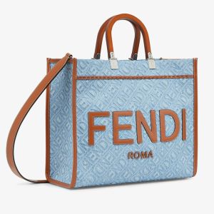 Fendi Medium Sunshine Shopper Bag In ROMA Logo Fendi Motif Denim Blue