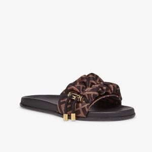 Fendi Vertigo Slides Women FF Motif Satin Brown