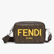 Fendi Compact Camera Case In ROMA Logo FF Motif Fabric Brown