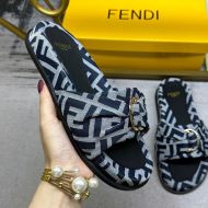 Fendi Feel Knotted Slides Unisex FF Motif Fabric Navy Blue