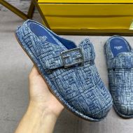 Fendi Feel Mules Unisex FF Motif Denim Blue