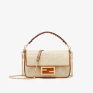 Fendi Mini Baguette Bag In FF Motif Straw Beige