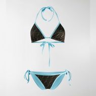 Fendi Triangular Bikini with Ties Women FF Motif Lycra Brown/Sky Blue